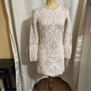 Dress the population tan and white long sleeve sequins dress , XS